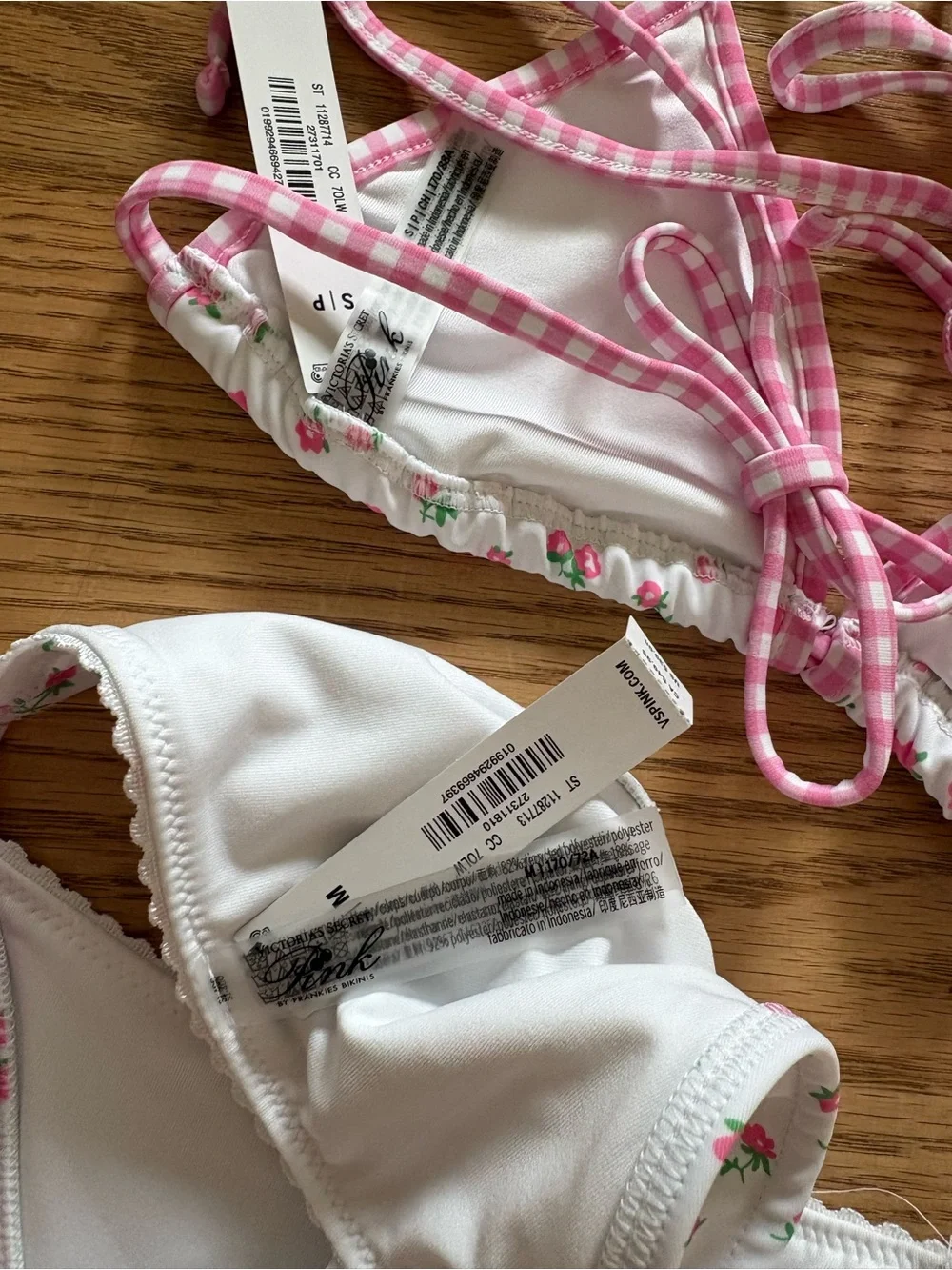 Frankie's Bikinis White Swim Top & Bottom with Pink Gingham Trim